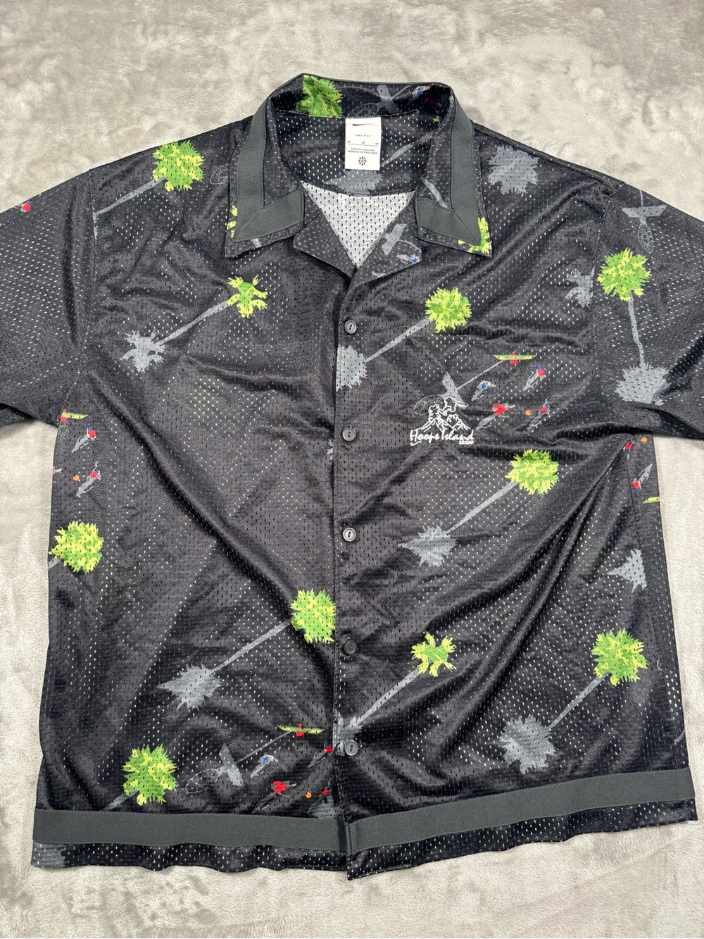 Nike Hoops Island Shirt Mens M Black Dri-FIT Mesh Palm Tree Button Up